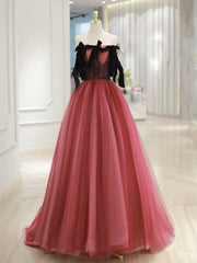 A-Line Tulle Watermelon Red Long Prom Dresses, Watermelon Red Tulle Long Formal Dresses