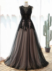 A-line Tulle with Lace Round Neckline Floor Length Party Dresses, Black Prom Dresses