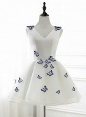 A-Line V-Neck Above-Knee Ivory Satin Organza Homecoming Dresses with butterfly Appliques