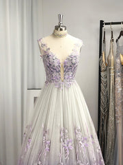 A-line V-neck Appliques Lace Floor-Length Tulle Dress