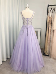 A-line V-neck Beading Floor-Length Tulle Dress