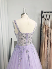 A-line V-neck Beading Floor-Length Tulle Dress