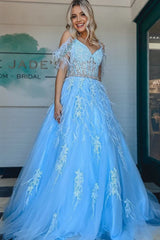 A line V Neck Lace Tulle Prom Dress with Beading and Feather