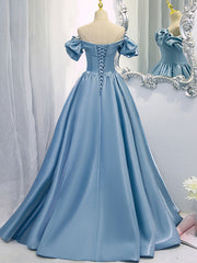 A-Line V Neck Satin Blue Long Prom Dress, Blue Formal Evening Dresses