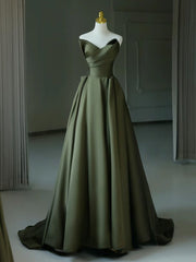 A-Line V Neck Satin Green Long Prom Dresses, Green Long Evening Dresses