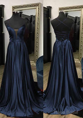A-line V Neck Spaghetti Straps Sweep Train Charmeuse Prom Dresses With Split