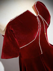 A-Line Velvet Burgundy Long Prom Dresses, Burgundy Long Formal Dresses