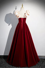 A-Line Velvet Floor Length Prom Dresses, Burgundy Off the Shoulder Evening Party Dresses