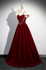 A-Line Velvet Floor Length Prom Dresses, Burgundy Off the Shoulder Evening Party Dresses