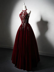 A-Line Velvet Sequin Beads Burgundy Long Prom Dress, Burgundy Long Formal Dress