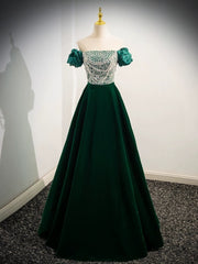 A-Line Velvet Sequin Beads Green Long Prom Dresses, Green Velvet Long Formal Dresses