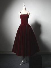 A-Line Velvet Tea Length Burgundy Prom Dress, Burgundy Cocktail Dress