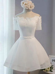 A-Line White Lace Short Sleeve Homecoming Dresses