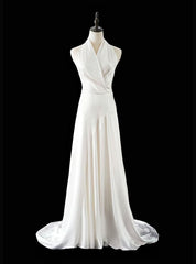 A-Line White Satin Halter Backless Wedding Dress