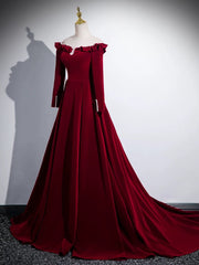 A-line Wine Red Velvet Long Sleeves Low Back Prom Dresses, Wine Red Party Dresses