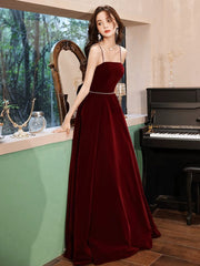 A-line Wine Red Velvet Straps Long Party Dresses, Wine Red Velvet Prom Dresses