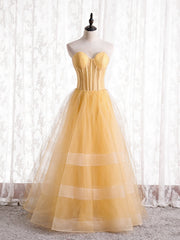 A-Line Yellow Tulle Sweetheart Prom Dresses