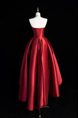 Burgundy Strapless Satin Party Dresses, A-Line High Low Evening Dresses