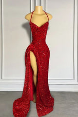 Red Sequins Prom Dresses with Slit Shiny Floor-Length Party Dresses