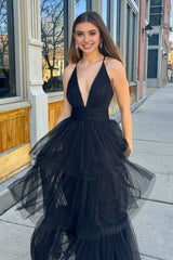 Black A-line Deep V Neck Cross Back Tulle Multi-Layers Long Prom Dress