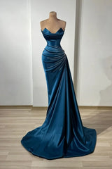 Dark Blue Strapless Pleated Beaded Prom Dresses