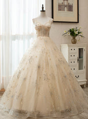 Always Remember Wearing Champagen Ball Gown Tulle Spaghetti Straps Embroidery Quinceanera Dresses