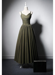 Army Green Satin Spaghetti Straps Pleats Prom Dresses