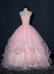 At Great Prices Pink Ball Gown Tulle Appliques Sleeveless Quinceanera Dresses