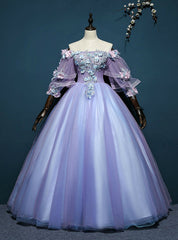 At Great Prices Purple Ball Gown Tulle Off the Shoulder Appliques Short Sleeve Quinceanera Dresses