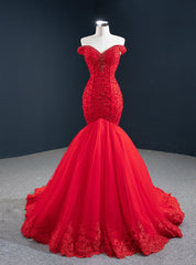 At Great Prices Red Mermaid Tulle Off the Shoulder Handwork Prom Dresses