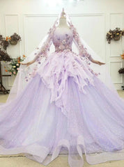 At Incredible Price Purple Ball Gown Tulle Long Sleeve Appliques Pleats Wedding Dresses