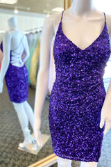 Short Purple Sequin V-Neck Lace-Up Party Dresses