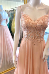 Simple Pink A-line Lace Appliques Chiffon Long Prom Dresses