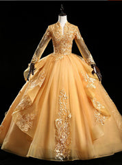 Available In Sizes 0-24 Gold Ball Gown Tulle Appliques Long Sleeve Backless Quinceanera Dresses