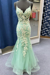 Sage Green Spaghetti Straps Mermaid Prom Dresses With Appliques