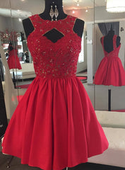 Backless Beaded Lace Red Satin Homecoming Dresses Short Prom Gowns