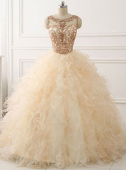 Ball Gown Beaded Long Sweet Years Party Gowns Ruffles Tulle Prom Dresses