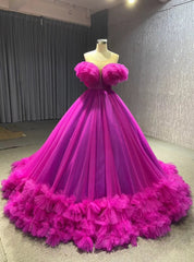 Ball Gown Fuchsia Tulle Pearls Prom Dresses