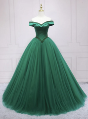 Ball Gown Green Tulle Off the Shoulder Beading Prom Dresses