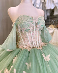 Ball Gown Light Green Tulle Quinceanera Dress With Butterflies