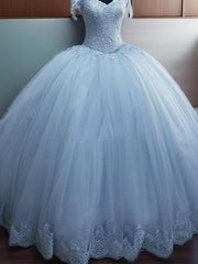 Ball-Gown Off-the-Shoulder Appliques Lace Floor-Length Tulle Dresses