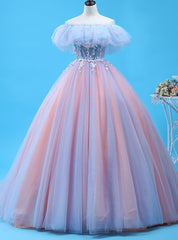 Ball Gown Pink Tulle Off The Shoulder Prom Dresses