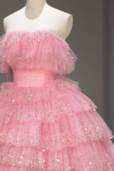 Ball Gown Pink Tulle Sequins Long Prom Evening Dresses, Beautiful Pink Strapless Sweet 16 Dresses