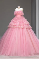 Ball Gown Pink Tulle Sequins Long Prom Evening Dresses, Beautiful Pink Strapless Sweet 16 Dresses