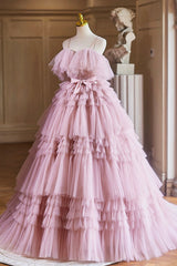 Ball Gown Pink Tulle Spaghetti Strap Long Prom Evening Dresses, Pink Sweet 16 Dresses