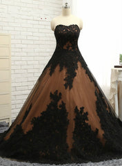 Ball Gown Prom Dresses Black Lace Appliques Prom Dresses