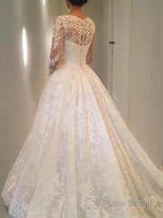 Ball Gown Scoop Cathedral Train Lace Wedding Dresses With Ruffles