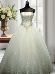 Ball-Gown Straight Beading Floor-Length Tulle Wedding Dresses