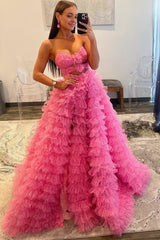 Ball Gown Sweetheart Pink Tiered Printed Tulle Prom Dress