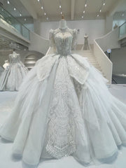 Ball Gown Tulle High Neck Beading Wedding Dress